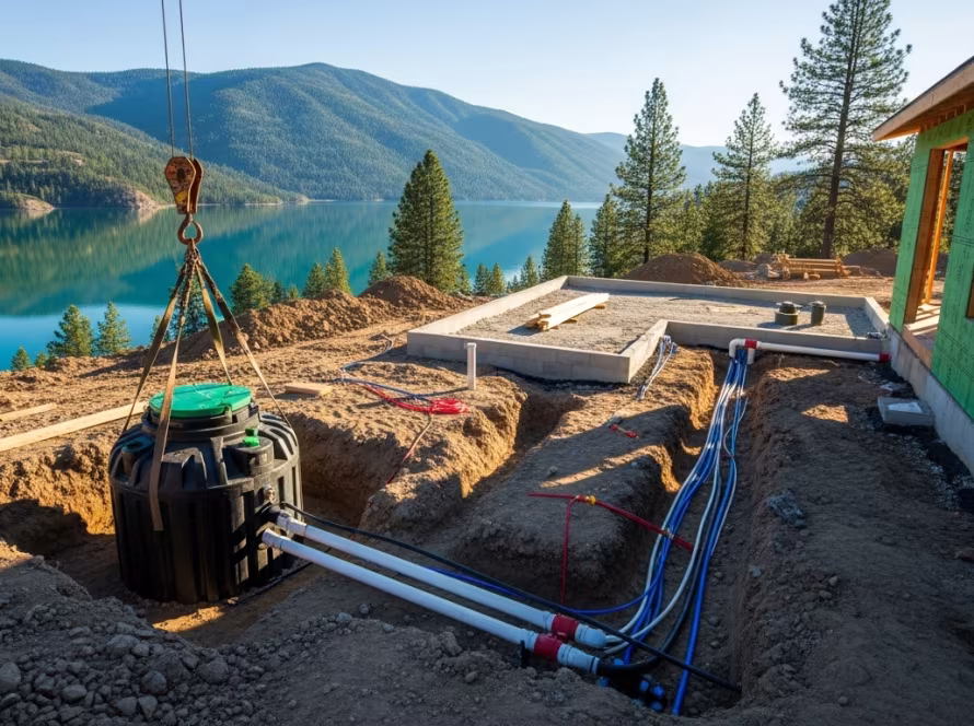 Septic system installation for a custom home in Bear Lake Valley, showing excavation and utility lines.