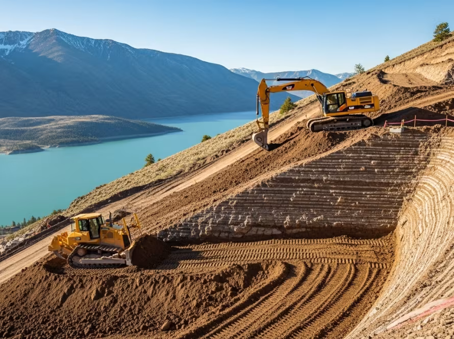 An excavator working on a steep, challenging mountain slope, demonstrating excavation strategies for difficult terrain.