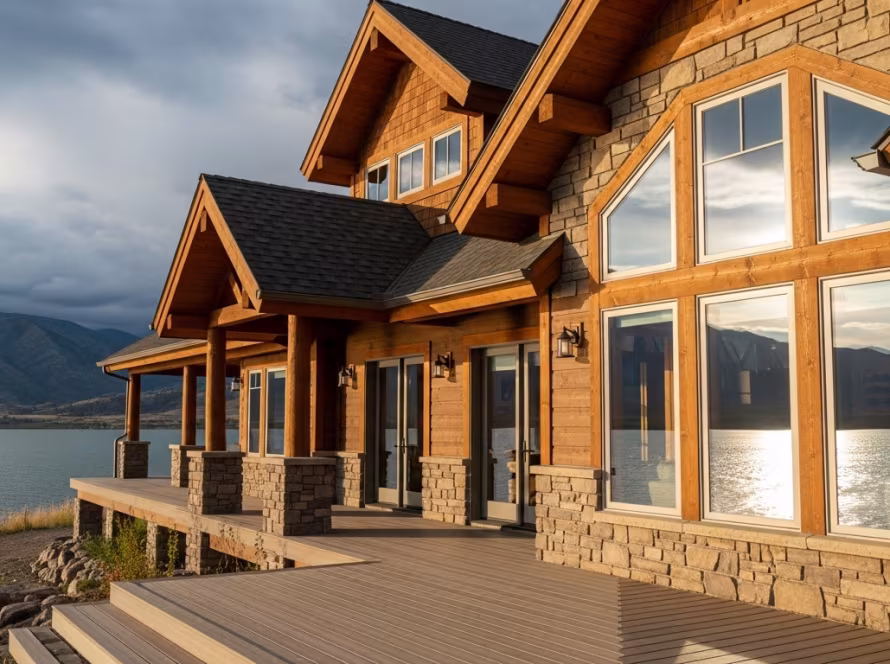 Durable home exterior materials like stone and wood siding in a snowy mountain landscape, representing weather-resistant builds.