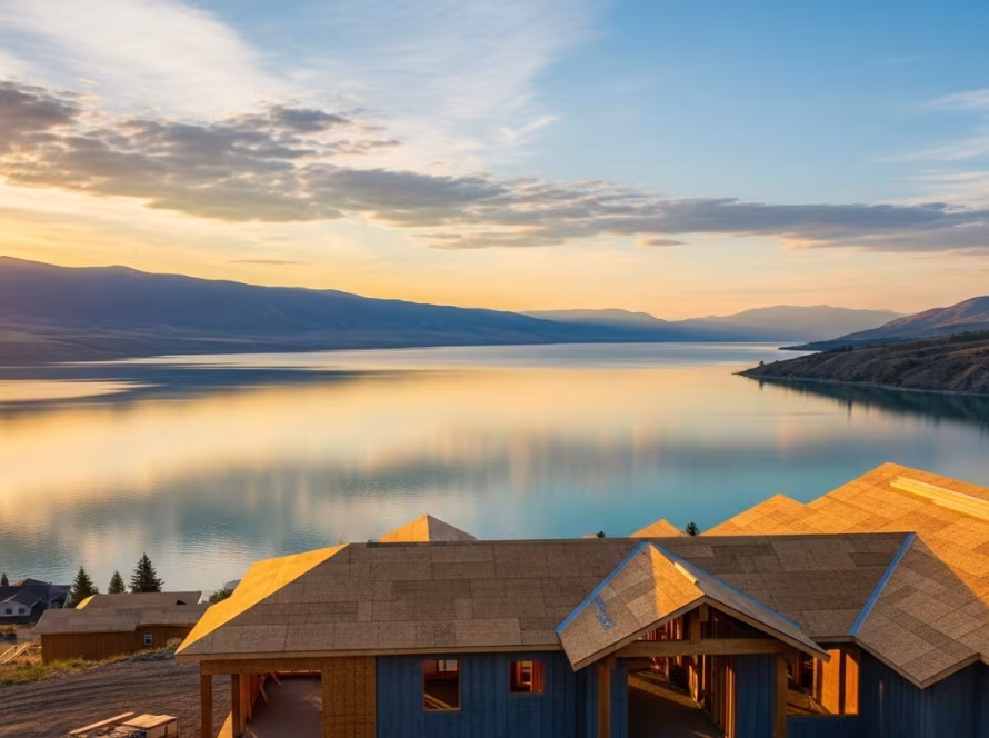 Detailed rendering of a custom home with financial planning documents.