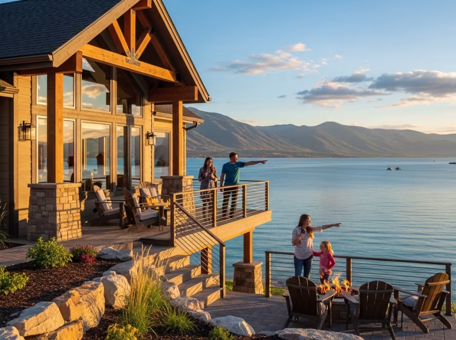 Elegant custom vacation home overlooking Bear Lake at sunset.