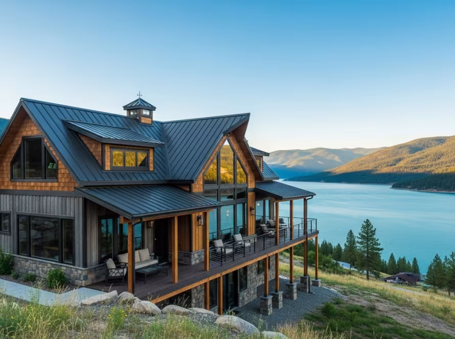A modern pole barn home (barndo) with an attached garage, nestled in a scenic Bear Lake landscape.