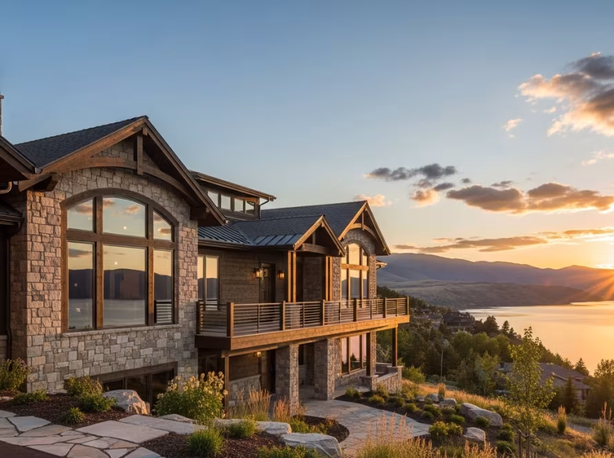 Architectural rendering of a modern semi-custom home plan for a Bear Lake property.