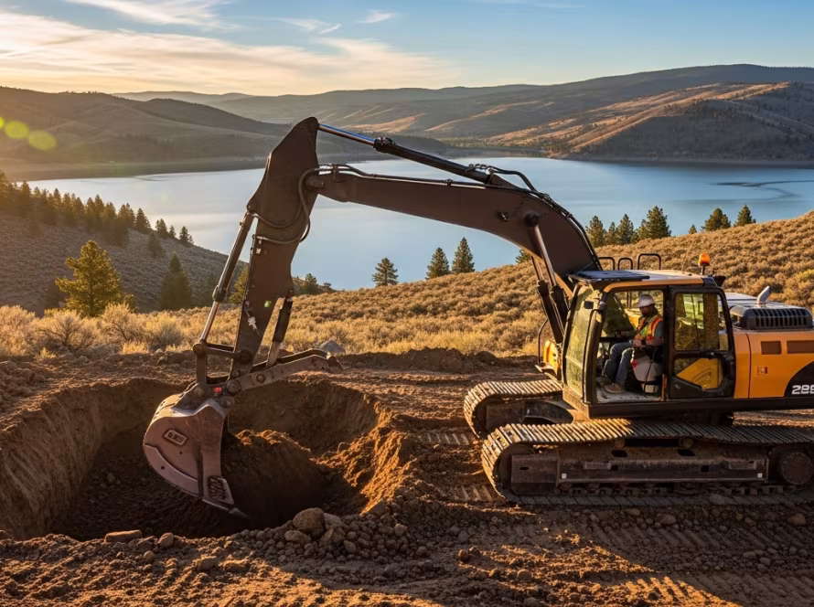 Heavy equipment performing excavation work on a construction site, highlighting terrain solutions in Bear Lake Valley.
