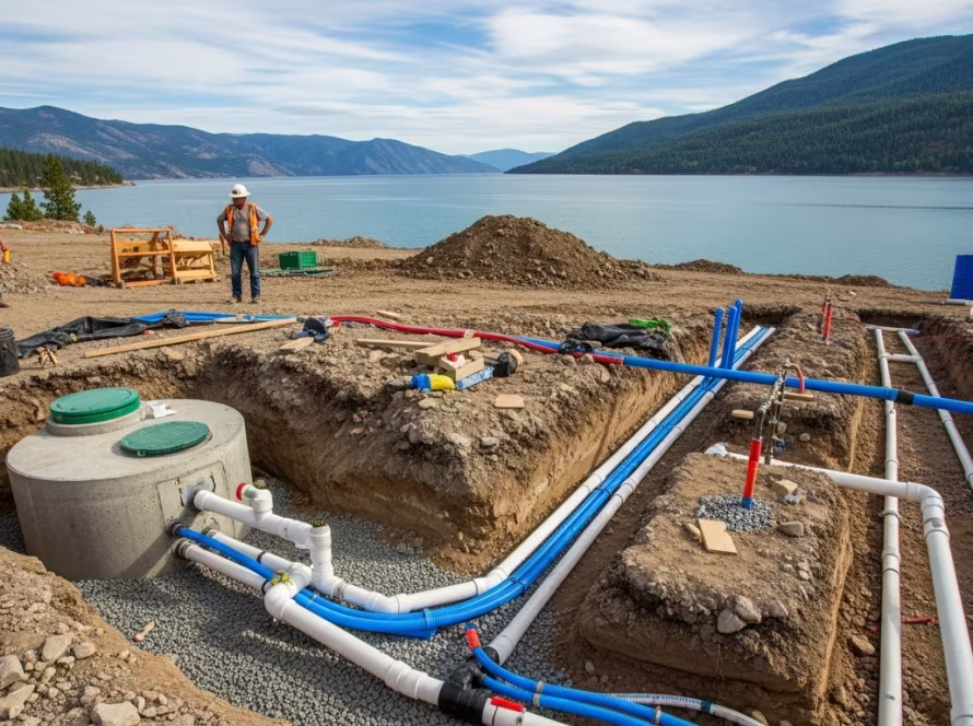 Utility lines and septic system components being installed on a Bear Lake property.