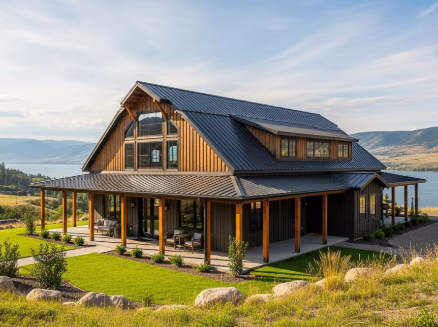 Modern barndominium with rustic charm in Fish Haven, ID, showcasing a blend of classic and contemporary design.