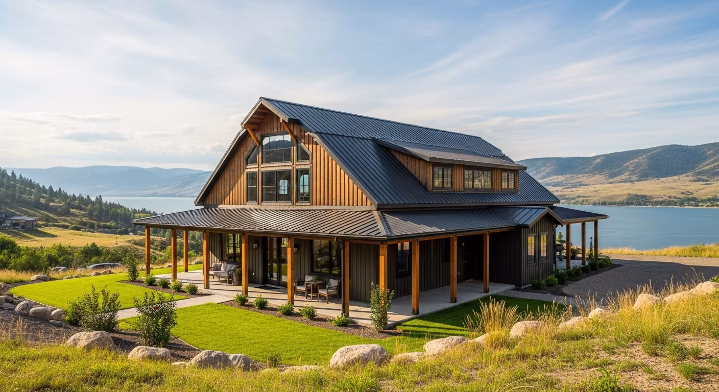 Modern barndominium with rustic charm in Fish Haven, ID, showcasing a blend of classic and contemporary design.