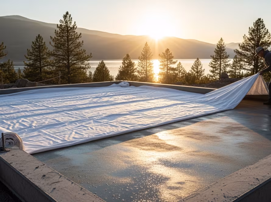 Concrete foundation being cured and protected for Bear Lake's climate.
